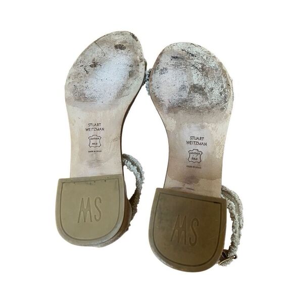 Stuart Weitzman Gold Beaded Beige Tweed Nudistchains Sandals Ankle/Toe Strap 9 M - Picture 5 of 11
